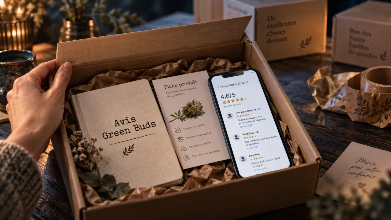 Green Buds avis : colis ouvert et avis clients sur smartphone